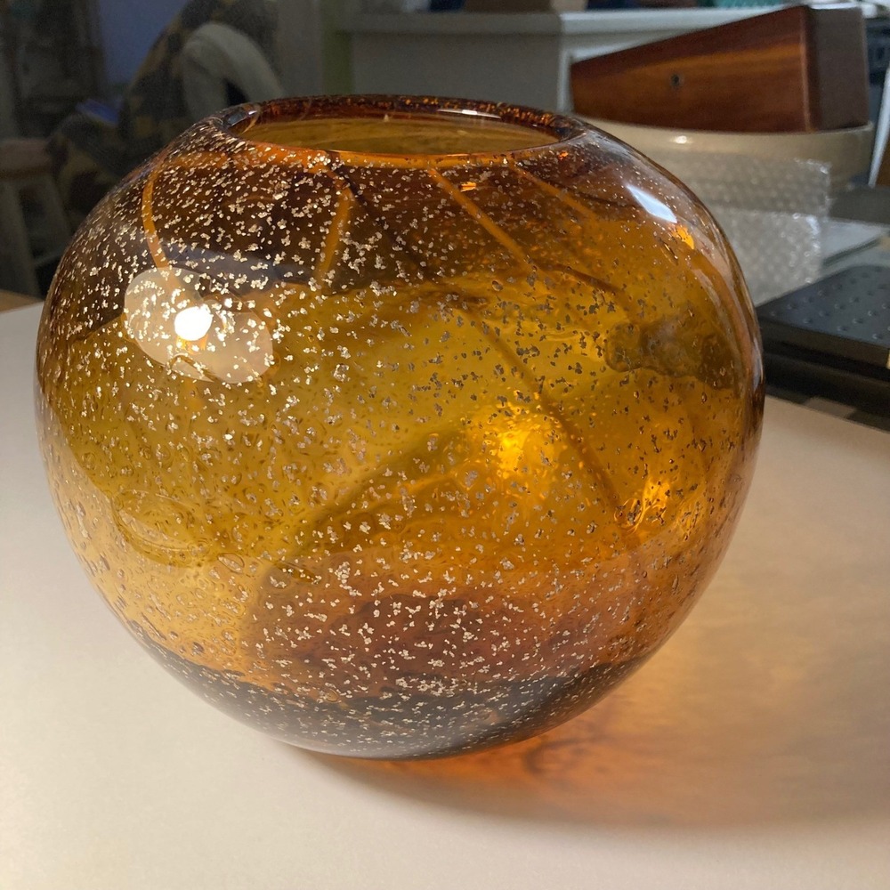 Amber Art Glass Hand Blown Orb Vase‎ Decorative Bubble Accents Swirl Design 8"